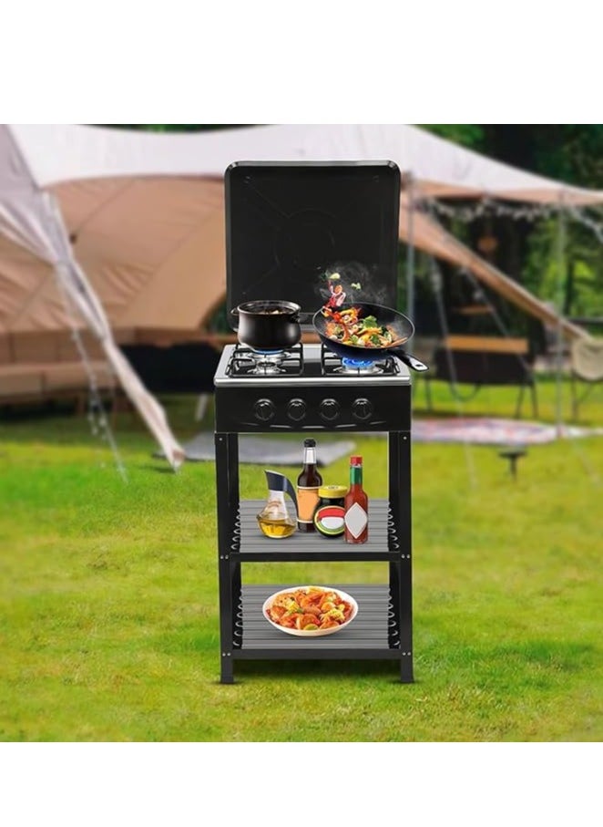 Gas Stove 4 Burner Gas Stove with Removable Leg Stand,Portable Gas Stove w/Wind Blocking Cover,Manual Ignition Camping Stove for RV, Apartment, Outdoor Cooking,2-Tier Storage Rack
