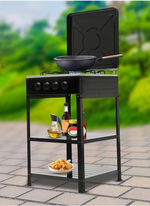 Gas Stove 4 Burner Gas Stove with Removable Leg Stand,Portable Gas Stove w/Wind Blocking Cover,Manual Ignition Camping Stove for RV, Apartment, Outdoor Cooking,2-Tier Storage Rack