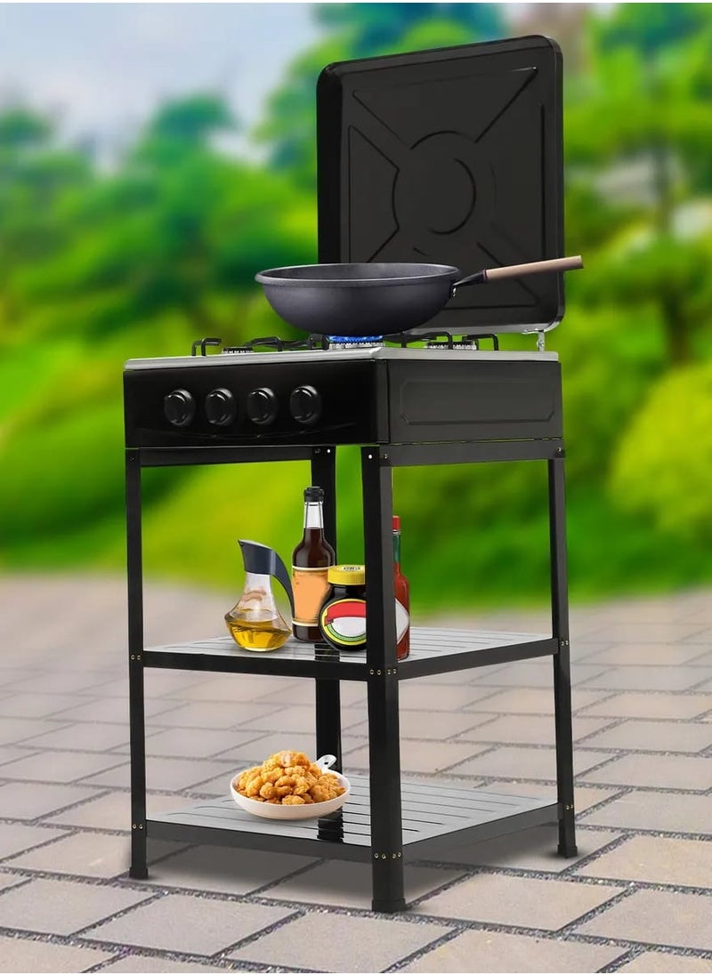 Gas Stove 4 Burner Gas Stove with Removable Leg Stand,Portable Gas Stove w/Wind Blocking Cover,Manual Ignition Camping Stove for RV, Apartment, Outdoor Cooking,2-Tier Storage Rack