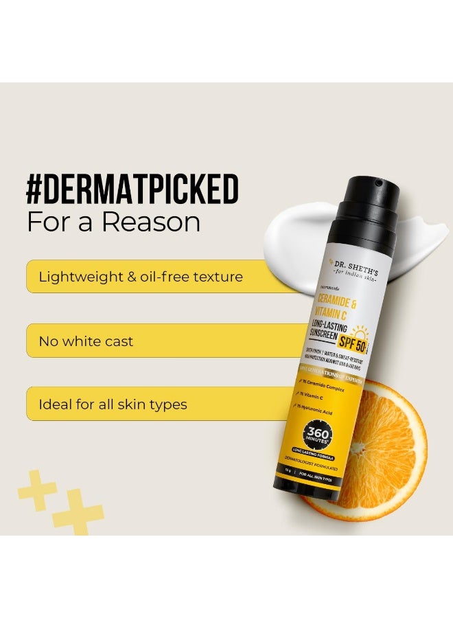 Dr. Sheth's Ceramide & Vitamin C Long lasting Sunscreen SPF 50+ PA++++ 6 hrs Advanced UV & Tan Protection For All Skin Types | No White Cast| Non-Greasy & Quick-Absorbing | For Women & Men | 50g - Image 3
