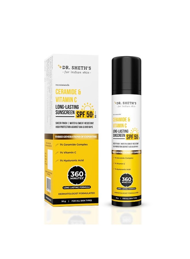 Dr. Sheth's Ceramide & Vitamin C Long lasting Sunscreen SPF 50+ PA++++ 6 hrs Advanced UV & Tan Protection For All Skin Types | No White Cast| Non-Greasy & Quick-Absorbing | For Women & Men | 50g - Image 1