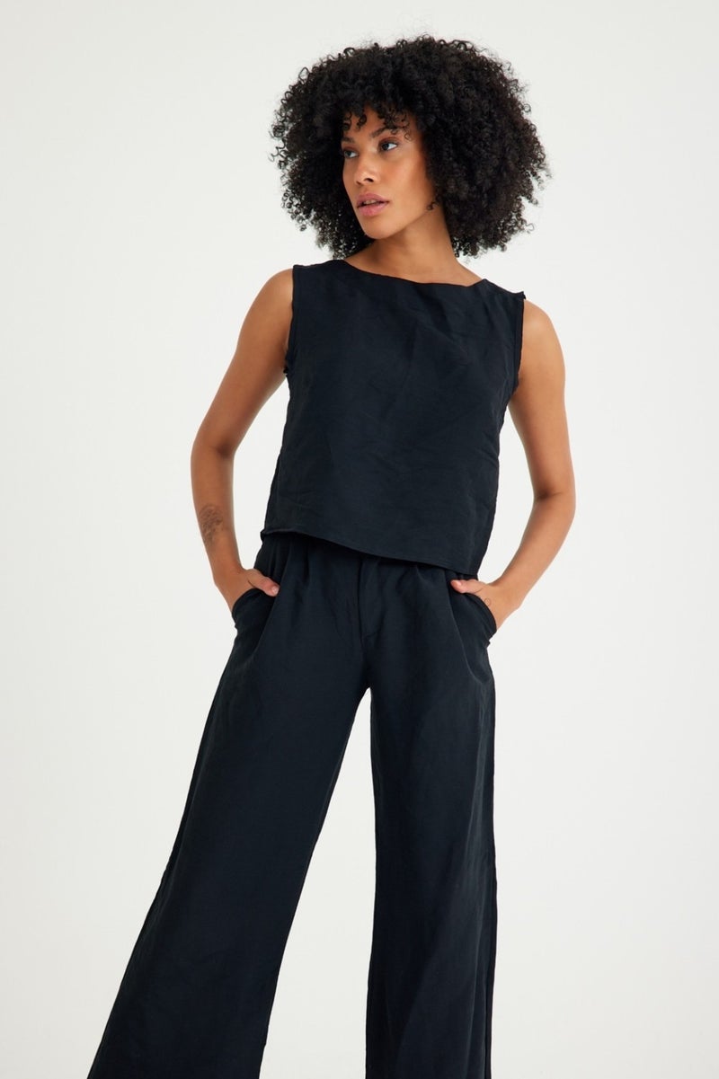 Barbora Linen Casual Sleeveless Top and Bottom Women's Set LN08SIYAH14  - Image 2