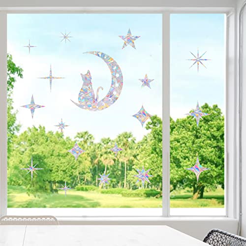 AREAWA 18 Pieces Cat Moon and Star Window Clings - Anti-Collision Decals to Save Birds from Glass Collisions,Non Adhesive, Reusable Rainbow Stickers - Image 3