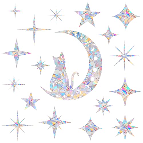 AREAWA 18 Pieces Cat Moon and Star Window Clings - Anti-Collision Decals to Save Birds from Glass Collisions,Non Adhesive, Reusable Rainbow Stickers - Image 1