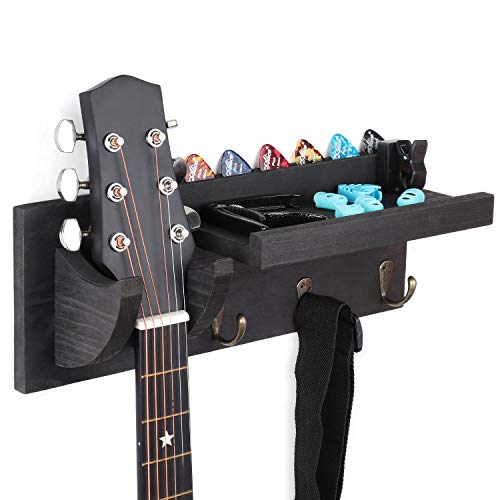 Bikoney Guitar Wall Hanger Guitar Holder Wall Mount Bracket Hanger Guitar Wood Hanging with Pick Holder and 3 Hooks Vintage Black, [U.S. Patent] - Image 1