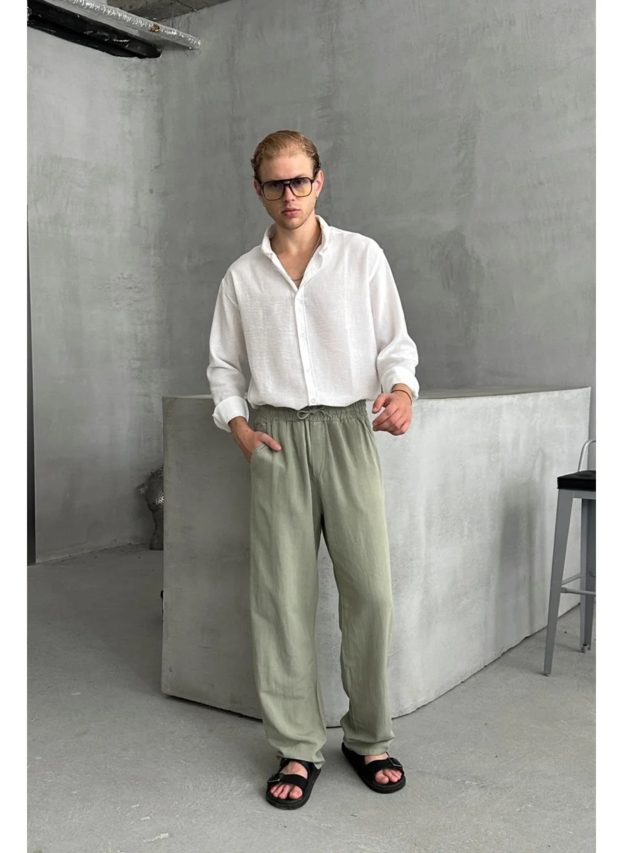 HYMAN Men's Elastic Waist Baggy Linen Trousers