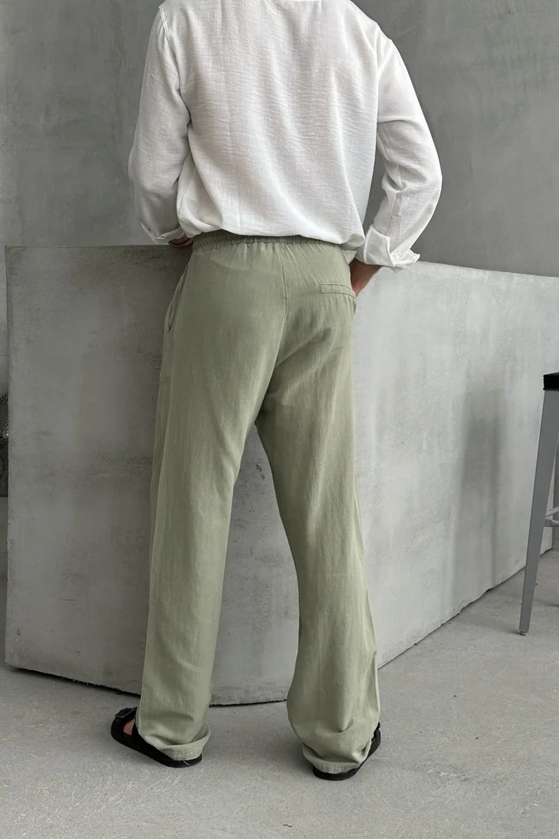 هايمان Men's Elastic Waist Baggy Linen Trousers
