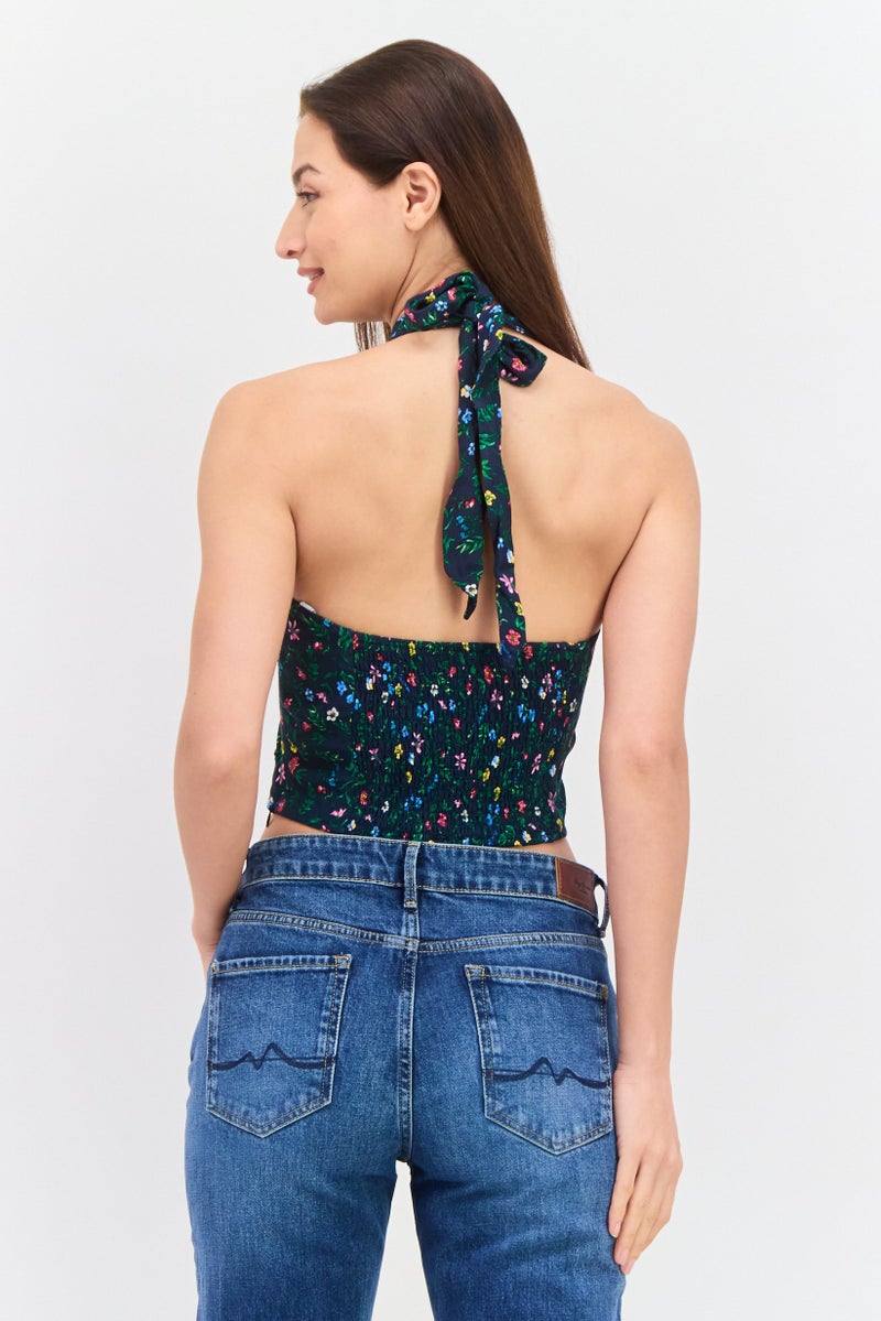 Pepe Jeans Women Halter Neck Sleeveless Floral Print Tank Top, Multicolor - Image 3