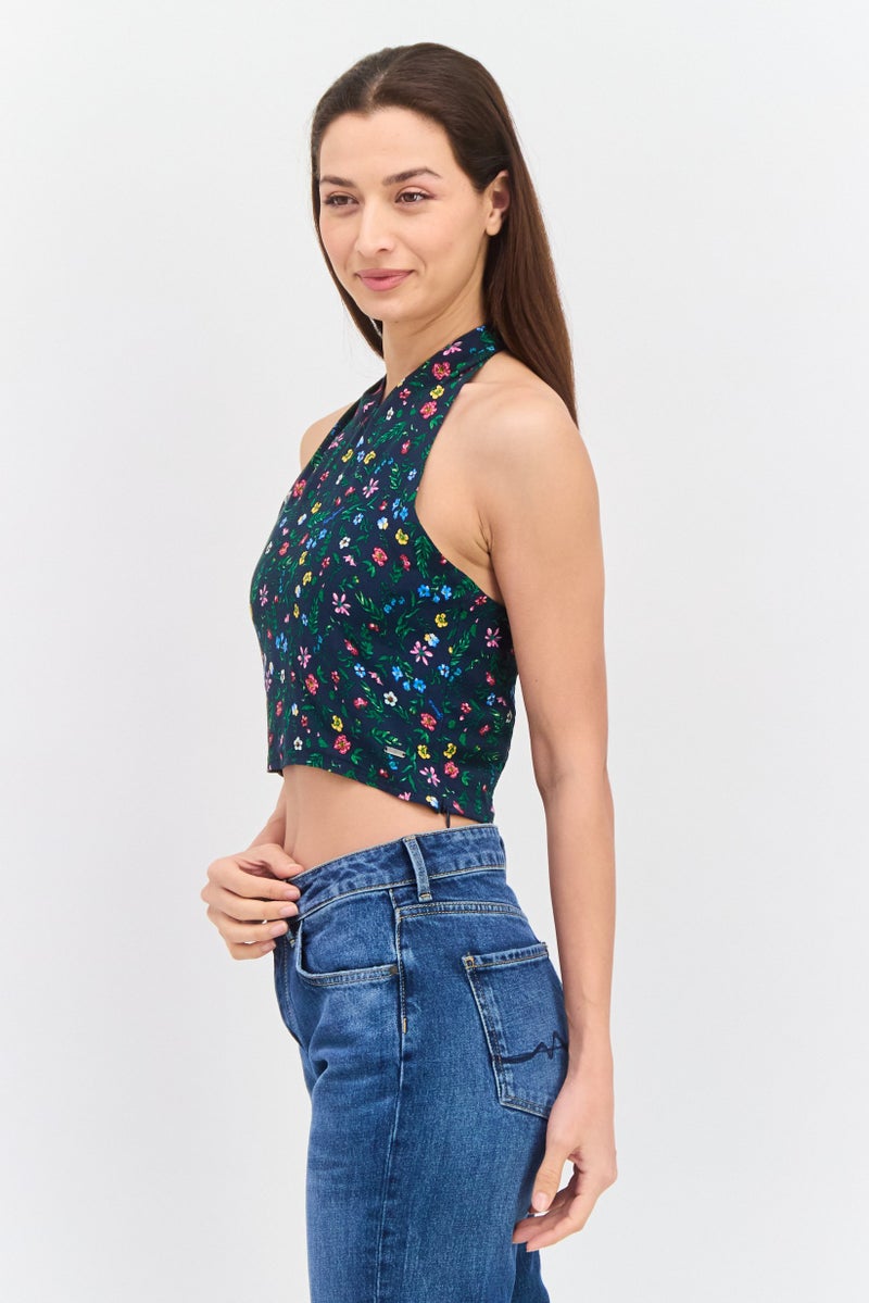 Pepe Jeans Women Halter Neck Sleeveless Floral Print Tank Top, Multicolor - Image 2