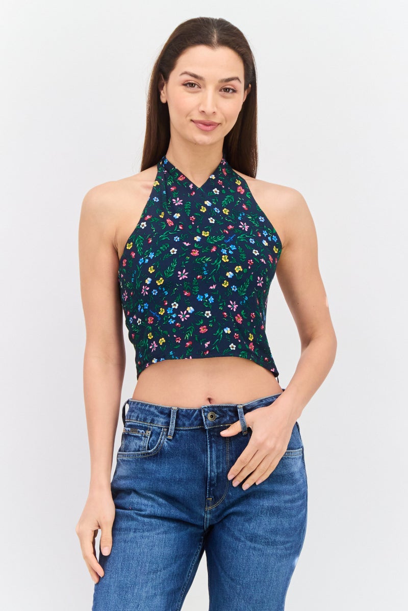 Pepe Jeans Women Halter Neck Sleeveless Floral Print Tank Top, Multicolor - Image 1