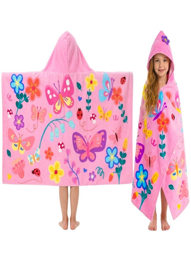 PinkSheep Hooded Bath Towel for Girls Age 3-10,100% Cotton Butterfly Toddler Towel with Snap Buttons,Super Soft and Absorbent Kids Beach & Swim Towel 30x50 Inches - Image 1