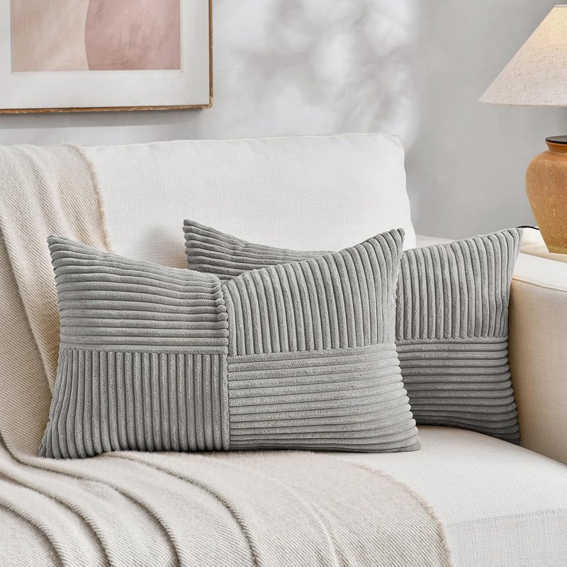 Fancy Homi غطاءان وسائد زخرفية من فانسي هومي بطبعة ريفية بوهيمية باللون الترابي مقاس 18x18 بوصة للأريكة والسرير والأسرة، ديكور منزل ريفي خريفي، غطاء وسادة ناعم من قماش الكوردوروي المزخرف بتقنية الترقيع والملمس المحبب مقاس 45x45 سم - Image 1