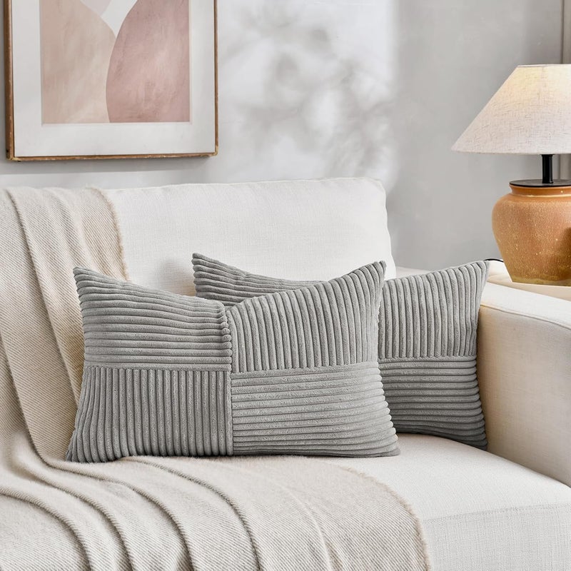 Fancy Homi غطاءان وسائد زخرفية من فانسي هومي بطبعة ريفية بوهيمية باللون الترابي مقاس 18x18 بوصة للأريكة والسرير والأسرة، ديكور منزل ريفي خريفي، غطاء وسادة ناعم من قماش الكوردوروي المزخرف بتقنية الترقيع والملمس المحبب مقاس 45x45 سم - Image 5