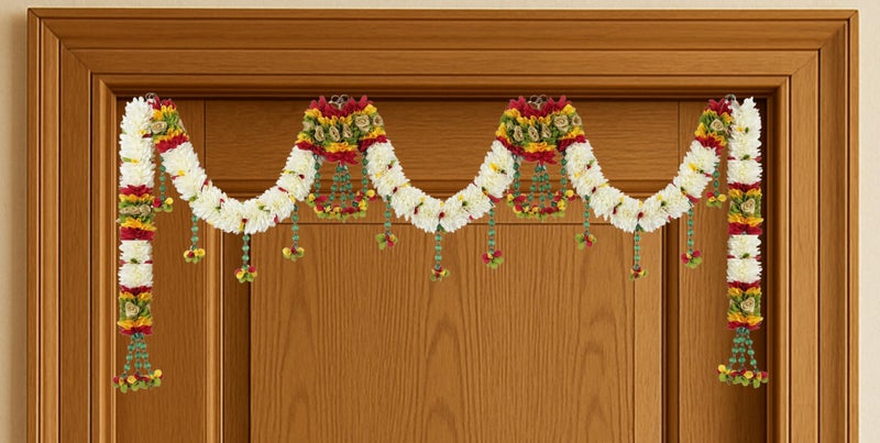 Daedal crafters 4-Feet Width Crystal Hanging Artificial Cream Doorway Toran for Main Door Entrance, Reusable Thoran for Mandir & Living Room Décor, Bandarwal for Festival Decoration (14x42 inch) - Image 1