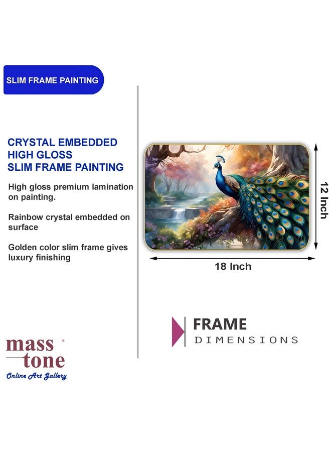 Masstone ماسستون كريستال بريميوم طاووس ملون بسطح لامع ذهبي إطار نحيف، 45x30 سم - فن جداري لغرفة المعيشة، غرفة النوم، وديكور المكتب - Image 3