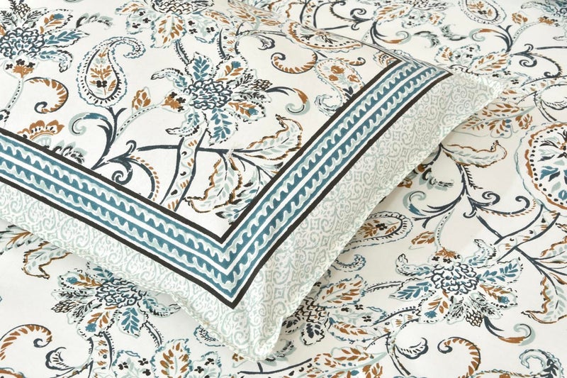 ElanorHomes Cotton Double King Size Bedsheet | Hand Printed | Ultra-Soft & Skin-Safe | Breathable Summer Comfort | 90x108 inches with 2 Pillow Covers (Blue Floral Print) - Image 2