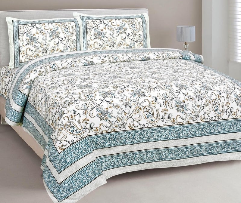 ElanorHomes Cotton Double King Size Bedsheet | Hand Printed | Ultra-Soft & Skin-Safe | Breathable Summer Comfort | 90x108 inches with 2 Pillow Covers (Blue Floral Print) - Image 1