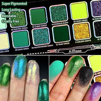 Afflano Multichrome Green Eyeshadow Palette ColorShifting Green Glitter Eyeshadow Palette Neon Yellow Purple Blue Chrome Eye Shadow for Cosplay St Patrick Look Dark Smokey Forest green Eye Makeup - Image 5