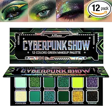 Afflano Multichrome Green Eyeshadow Palette ColorShifting Green Glitter Eyeshadow Palette Neon Yellow Purple Blue Chrome Eye Shadow for Cosplay St Patrick Look Dark Smokey Forest green Eye Makeup - Image 1