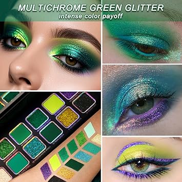 Afflano Multichrome Green Eyeshadow Palette ColorShifting Green Glitter Eyeshadow Palette Neon Yellow Purple Blue Chrome Eye Shadow for Cosplay St Patrick Look Dark Smokey Forest green Eye Makeup - Image 4