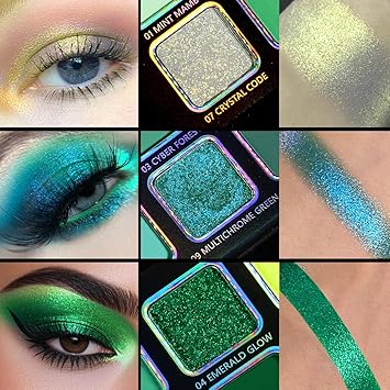 Afflano Multichrome Green Eyeshadow Palette ColorShifting Green Glitter Eyeshadow Palette Neon Yellow Purple Blue Chrome Eye Shadow for Cosplay St Patrick Look Dark Smokey Forest green Eye Makeup - Image 3