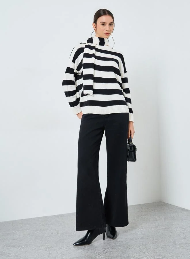 Take Two  Take Two Striped Relaxed Fit Sweater with Neck Scarf for Women | Best Price UAE