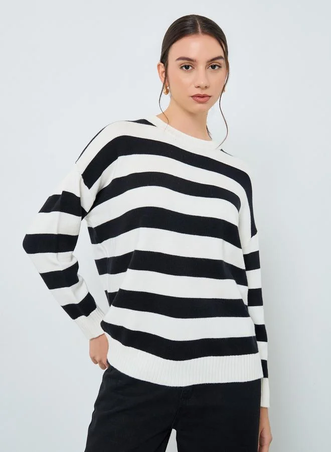 Take Two  Take Two Striped Relaxed Fit Sweater with Neck Scarf for Women | Best Price UAE
