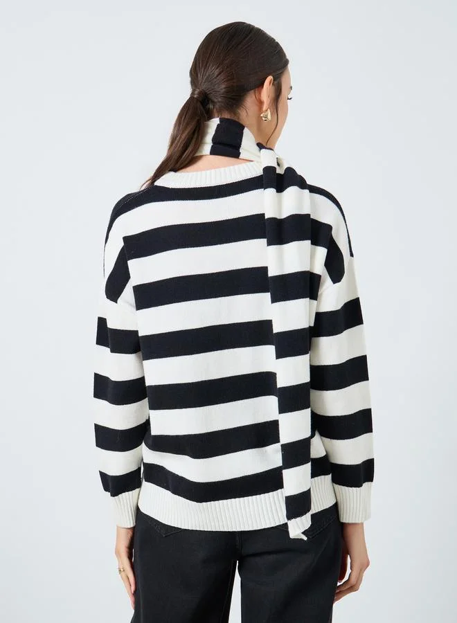Take Two  Take Two Striped Relaxed Fit Sweater with Neck Scarf for Women | Best Price UAE