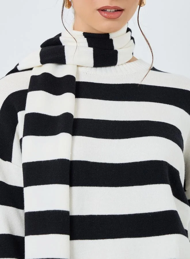 Take Two Take Two Striped Relaxed Fit Sweater with Neck Scarf