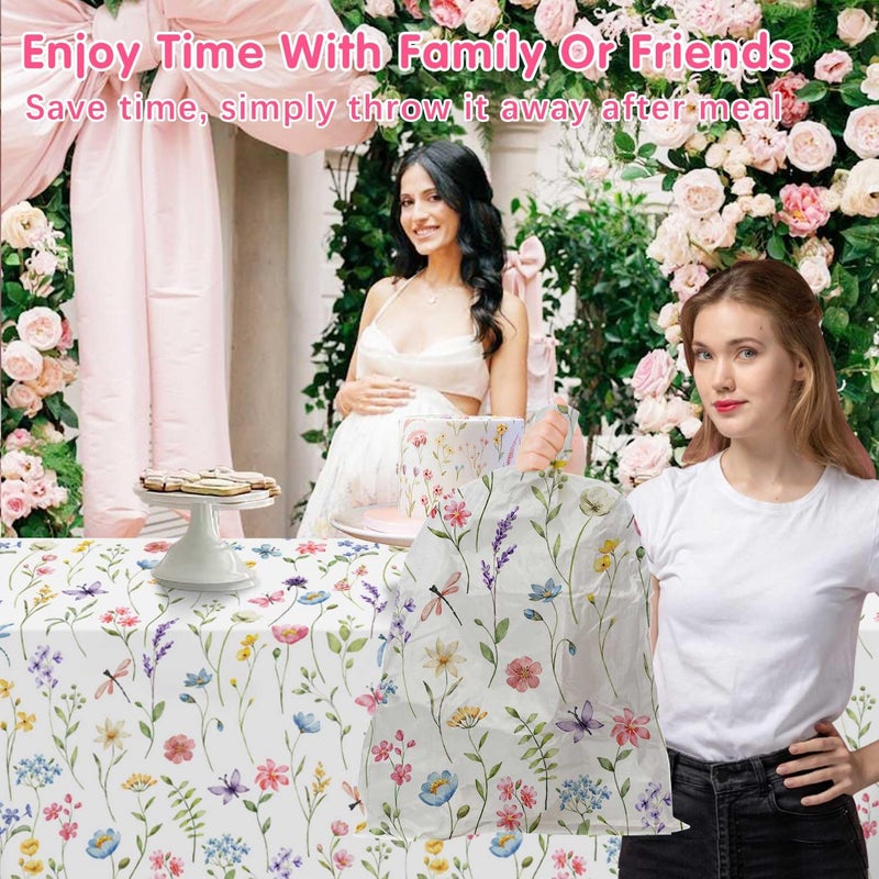 Homanu 3 Pack Wildflower Party Decorations Tablecloths, Large Size 54 X 108 Inch Rectangle Floral Tablecloth Plastic Table Cover for Birthday Party Baby Shower Decorations - Image 2