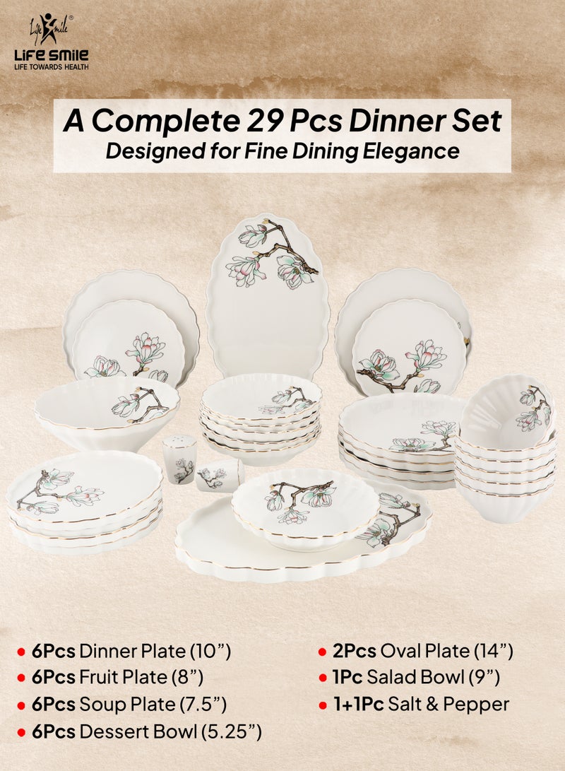 Life Smile طقم عشاء من البورسلين مكون من 29 قطعة – أدوات مائدة مقاومة للكسر | يتضمن 6 أطباق عشاء، 6 أطباق فواكه، 6 أطباق شوربة، 6 سلطانيات حلوى، 2 طبق بيضاوي، 1 وعاء سلطة وملح وفلفل شاكير - Image 2