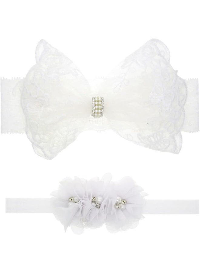 Nishine Nishine 2 Pack Baptism White Newborn Bowknot Headbands Baby Christening Hair Bows Headwrap Toddler Hairband (Circle Button)  - Image 1