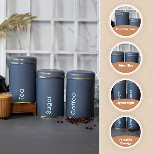 MARKET 99 Matte Grey Metal Coffee, Tea and Sugar Jar Set of 3 (1450ml Each) | Leak-Proof Cylindrical Kitchen Storage Containers for Dry Food | Stylish Food Canister Set for Pantry Organization - Image 3