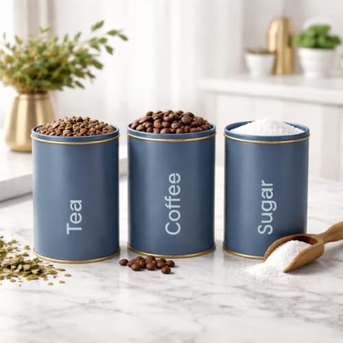 MARKET 99 Matte Grey Metal Coffee, Tea and Sugar Jar Set of 3 (1450ml Each) | Leak-Proof Cylindrical Kitchen Storage Containers for Dry Food | Stylish Food Canister Set for Pantry Organization - Image 1