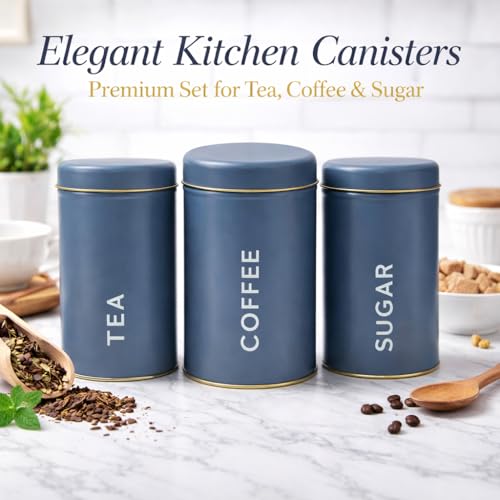 MARKET 99 Matte Grey Metal Coffee, Tea and Sugar Jar Set of 3 (1450ml Each) | Leak-Proof Cylindrical Kitchen Storage Containers for Dry Food | Stylish Food Canister Set for Pantry Organization - Image 2