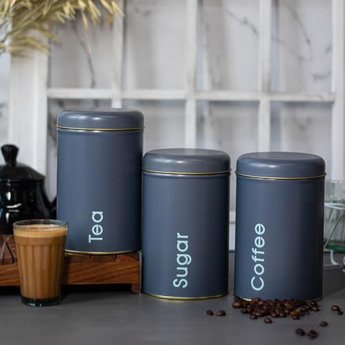 MARKET 99 Matte Grey Metal Coffee, Tea and Sugar Jar Set of 3 (1450ml Each) | Leak-Proof Cylindrical Kitchen Storage Containers for Dry Food | Stylish Food Canister Set for Pantry Organization - Image 5