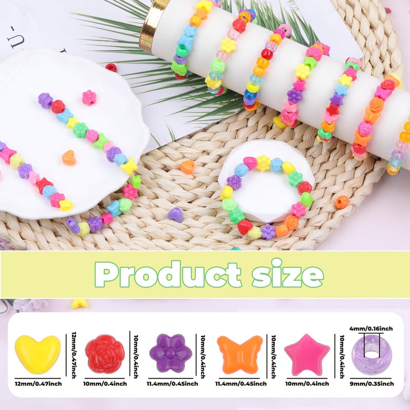 Kakw Pony Beads Shapes For Bracelet 1000 Pcs Plastic Star Beads For Friendship Bracelets 6X9Mm Round Beads For Hair Braiding Flower Beads For Jewelry Making (Multicolour Pony Beads Shapes) - Image 2
