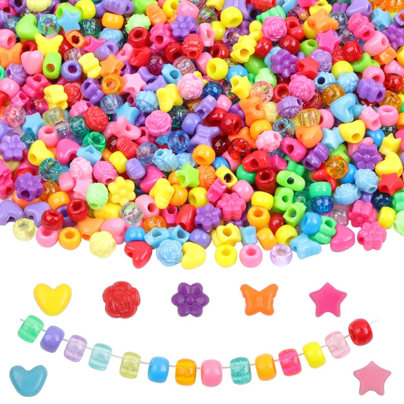 Kakw Pony Beads Shapes For Bracelet 1000 Pcs Plastic Star Beads For Friendship Bracelets 6X9Mm Round Beads For Hair Braiding Flower Beads For Jewelry Making (Multicolour Pony Beads Shapes) - Image 1