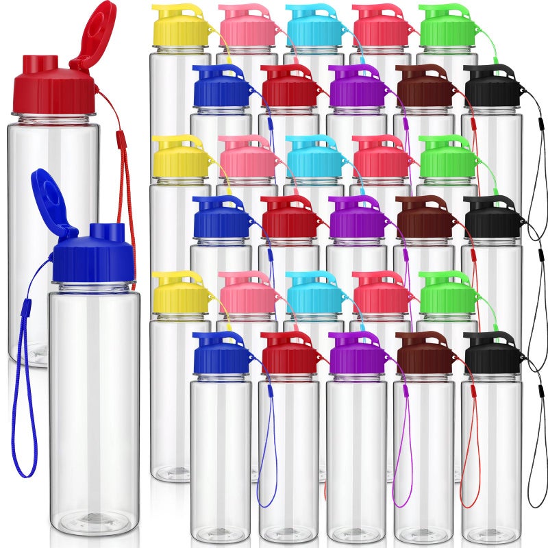 Maxcheck 30 Pieces Water Bottle Bulk Plastic Water Bottles Bulk with Handle Strap Lightweight Leakproof Drink Flip Top Bottles for Adults Fitness GymClassic StyleMulticolored