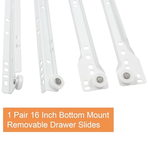 Suiwotin 1 Pair 16 Inch Drawer Slides, White Coated Steel Drawer Track, Removable Bottom Mount Drawer Rails with Smooth Sliding Nylon Wheels - Image 4