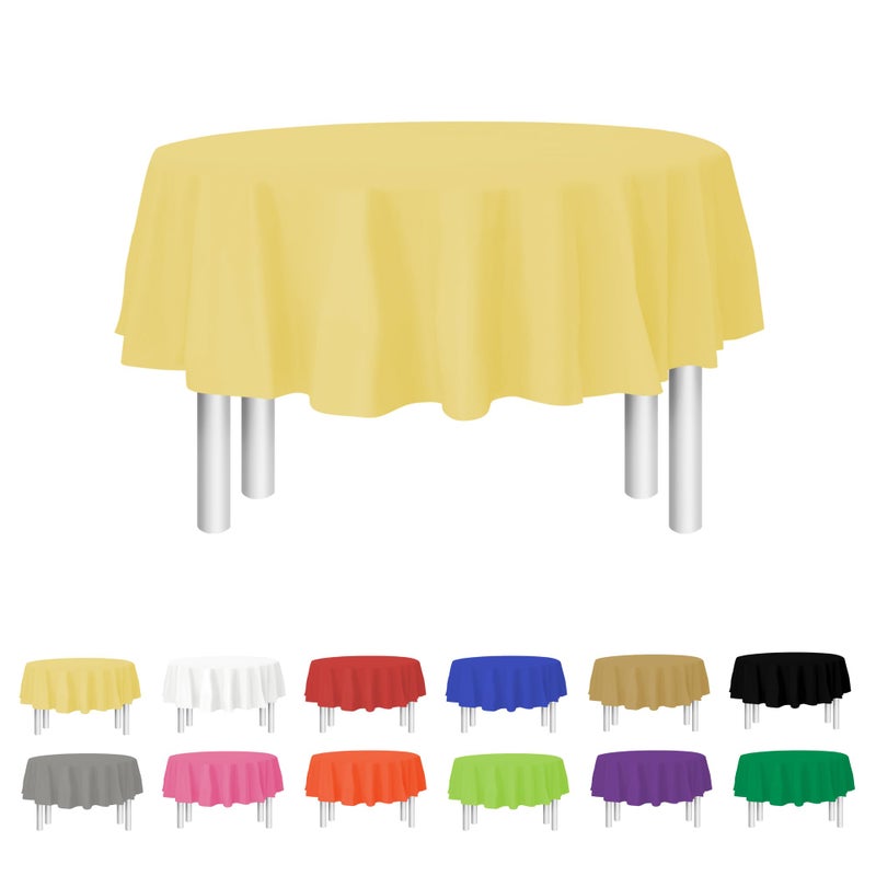 Yellow Disposable Plastic Tablecloth for Round Tables 12 Pack 84 inches Table Cloths for Parties Events Weddings Indoors Outdoors Plastic Table Cover