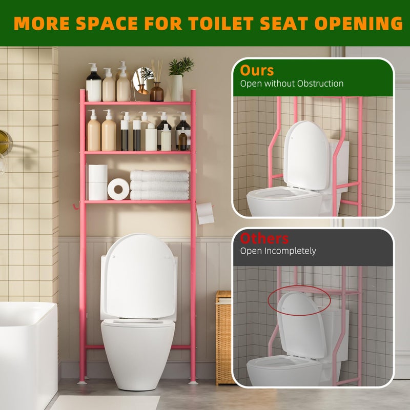 GloTika 3-Tier Over The Toilet Storage, Space Saver Metal Bathroom Shelves, Freestanding Above Over Toilet Storage Shelf with 4 Hooks for Bathroom, Pink - Image 5