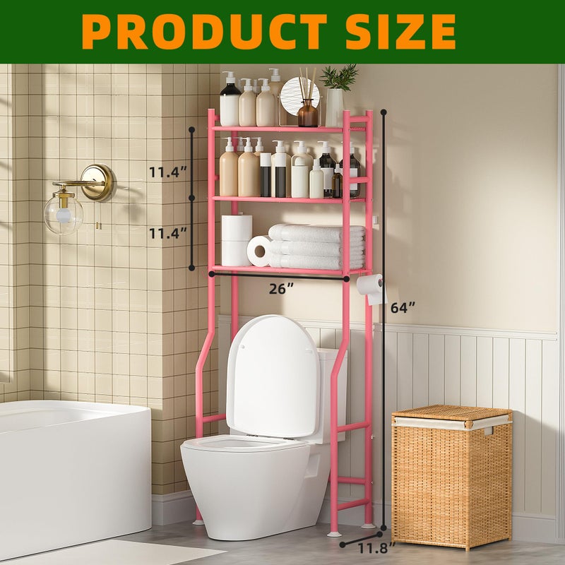 GloTika 3-Tier Over The Toilet Storage, Space Saver Metal Bathroom Shelves, Freestanding Above Over Toilet Storage Shelf with 4 Hooks for Bathroom, Pink - Image 2