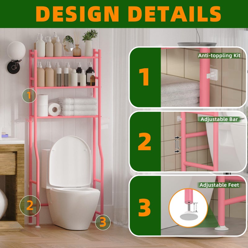 GloTika 3-Tier Over The Toilet Storage, Space Saver Metal Bathroom Shelves, Freestanding Above Over Toilet Storage Shelf with 4 Hooks for Bathroom, Pink - Image 4