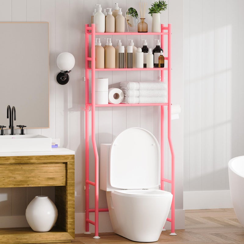GloTika 3-Tier Over The Toilet Storage, Space Saver Metal Bathroom Shelves, Freestanding Above Over Toilet Storage Shelf with 4 Hooks for Bathroom, Pink - Image 1