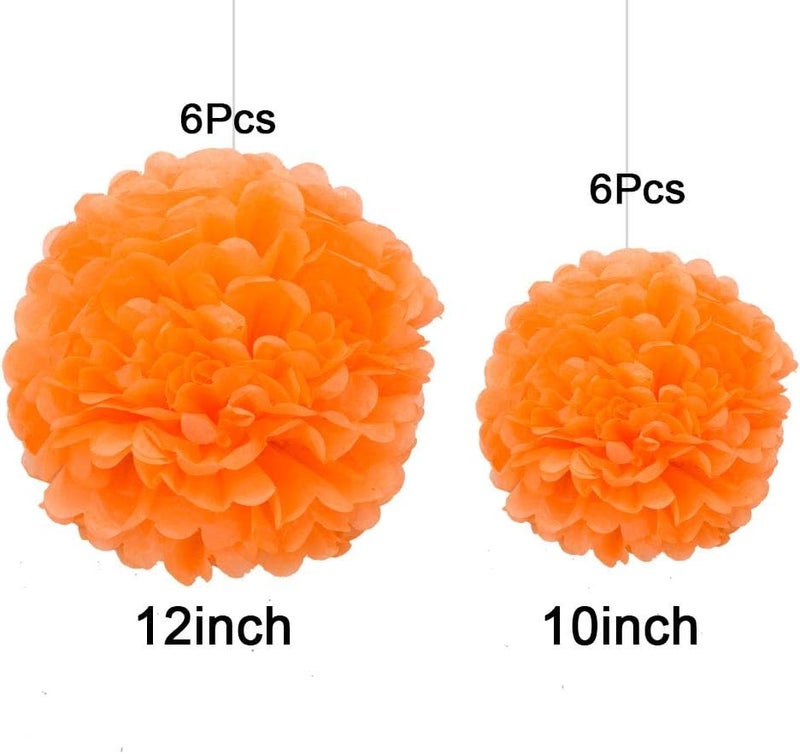GAKA Orange Tissue Paper Pom Poms Decoration,10 inch and 12 inch,12 Piece Set Ceiling Wall Hanging Flower Ball for Wedding Birthday Party - Image 2