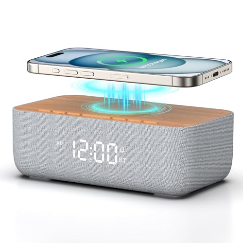 REACHER Alarm Clock Radio with Wireless Charging Fast Magnetic Charging for PhoneiPhone Bluetooth Speaker FM Radio Dimmable Digital Clock for College Dorm Bedroom Bedside Desk - Image 1