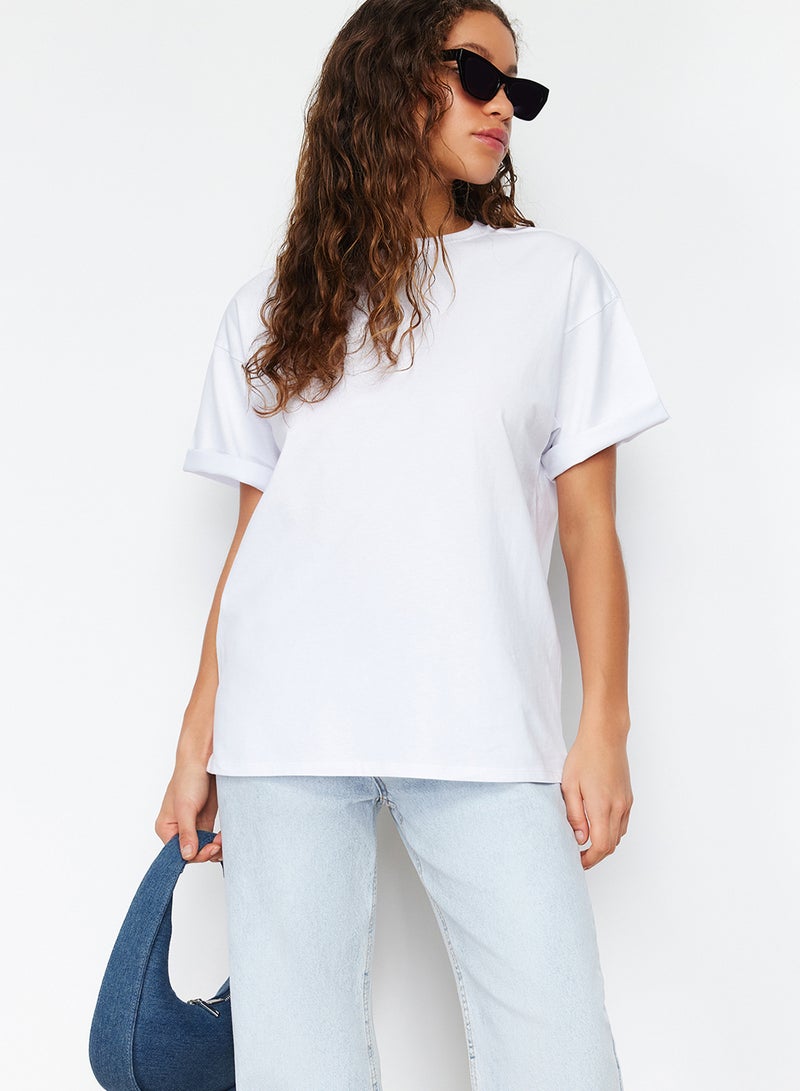 trendyol White 100% Thick Cotton Oversize/Wide Fit Crew Neck Knitted T-Shirt Twoss23Ts00040 - Image 3