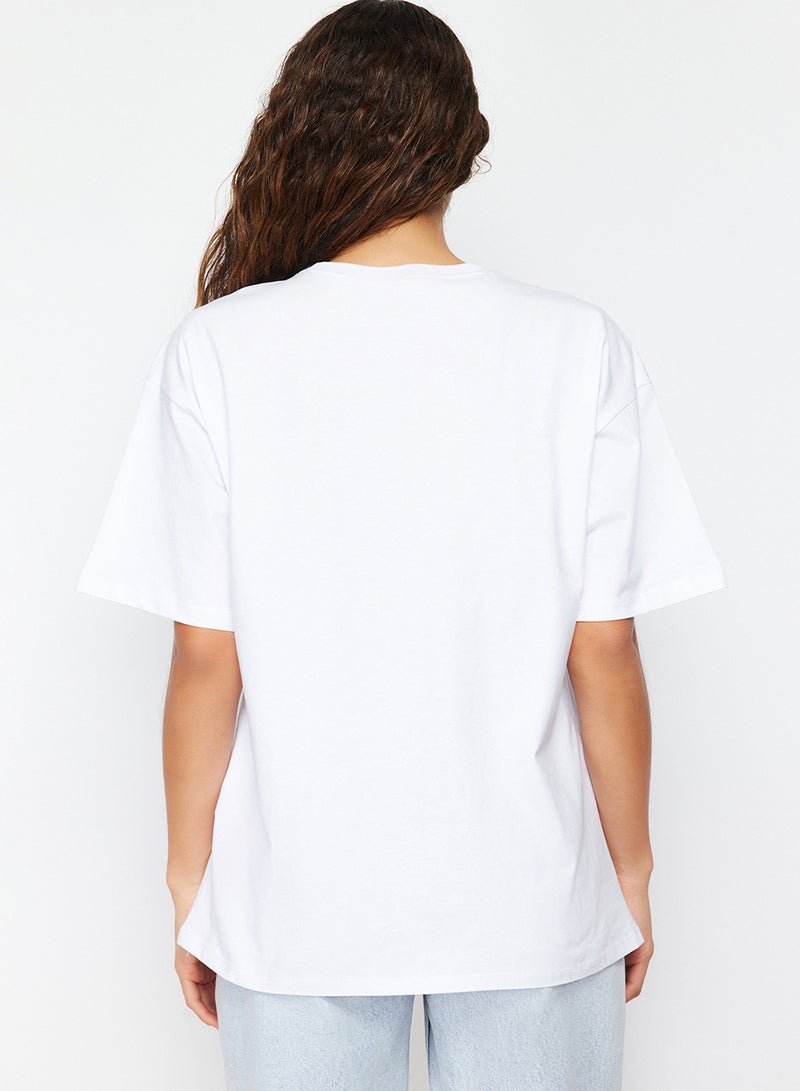 trendyol White 100% Thick Cotton Oversize/Wide Fit Crew Neck Knitted T-Shirt Twoss23Ts00040 - Image 4