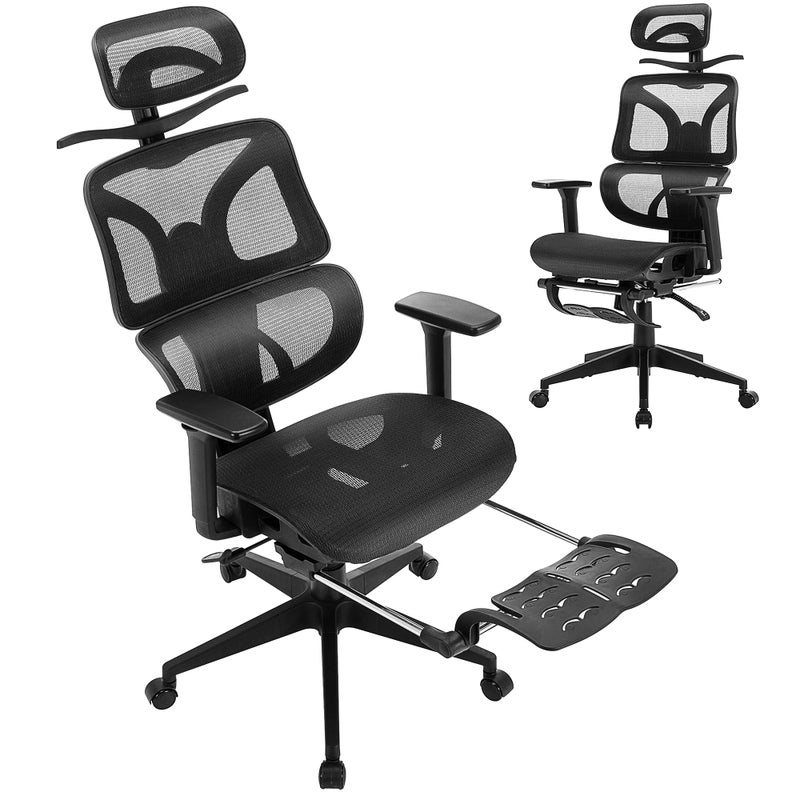VECELO Swivel Ergonomic High Back Mesh Office Chair with Retractable Footrest Adjustable Backrest Tilt Function 3D Armrests  Headrest Lumbar Support for ExecutiveComputer DeskTask Work Black